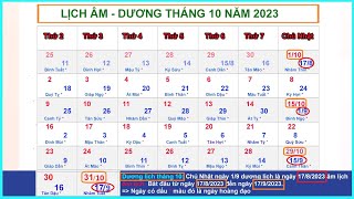 Lịch âm dương tháng 10 năm 2023  Lịch vạn niên và những ngày lễ tháng 102023 [upl. by Nepets]