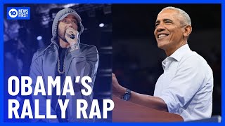 Barack Obama Raps To Lose Yourself After Eminem Introduces Him At Rally  10 News First [upl. by Ayinat]