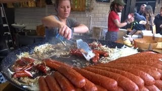 LONDON STREET FOOD HOT DOGS SAUSAGES POLISH KIELBASA 1 METRE LONG HOT DOG CAMDEN MARKET [upl. by Nohsid536]