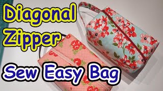 Diagonal zippered pouch Dopp style Learn how to sew rectangle boxed bag easy beginner sewing [upl. by Htaek]