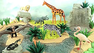 WildLife Safari Africa Animal Waterhole Playset 2018 Real Animal Toys  White Lion Zebra Flamingo [upl. by Adnoluy]