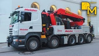 Intense heavy lifting job Palfinger crane PK 200002LSH on Scania R 560 truck lifting windows [upl. by Zadoc]