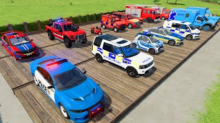 TRANSPORTING CARS AMBULANCE FIRE TRUCK POLICE CARS OF COLORS WITHTRUCKS  FARMING SIMULATOR 22 [upl. by Ilario]