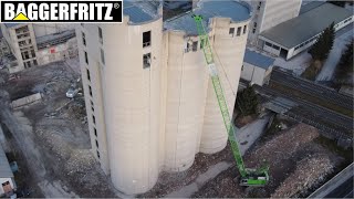 HUGE Sennebogen 6130E dragline with wrecking ball starts demolition  drone view [upl. by Annoeik]