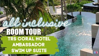 TRS CORAL HOTEL Ambassador Suite Swim Up Room Tour  All inclusive beach resort in Cancun Mexico [upl. by Latsyrc]