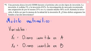 Una persona desea invertir 5000 durante el próximo año en dos tipos de inversión SOLUCIONADO [upl. by Feirahs185]