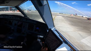 Airbus A320 take off from BRUSSELS with Water Cannon Salute Cockpit View [upl. by Dorrie759]