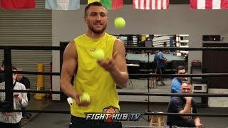 VASYL LOMACHENKO SHOWS NEW TRICKS FOR BOXING BY JUGGLING TENNIS BALLS CRAZY HAND EYE COORDINATION [upl. by Godfry]