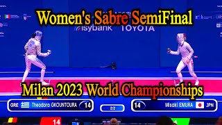 Intense Womens Sabre Semifinal Gkountoura vs Emura  Milan 2023 Fencing Championships [upl. by Nuahs]