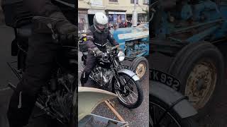 A 1951 Vincent Rapide motorcycle fired up outside the Village Bakery in Wickham Square Hampshire [upl. by Enyaw]