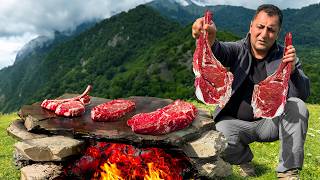 Roasting Juicy Beef Steaks on Hot Stones Outdoors Cooking Alone in the Mountains [upl. by Nyral427]