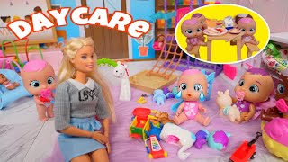 Cry babies baby dolls Daycare Routine mini daycare with Barbie doll [upl. by Aidile990]