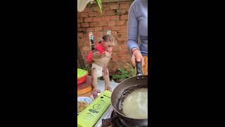 Today Mom take Baby Monkey Icy to cooking outside 😍🙉monkey babymonkey cutemonkey monkeylove [upl. by Cj]