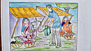 How to draw Memory Drawing Of Market Scene l A man Buying Fruits from Lady fruitseller Drawing [upl. by Yelena]