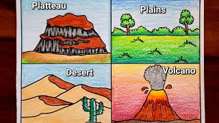 Different Types of Landforms Drawing  Landforms drawing easy  Easy Landforms school project [upl. by Trilley]