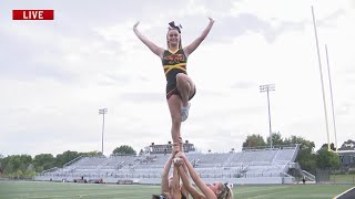 Ankeny Hawk Cheerleaders show their skills ahead game [upl. by Amberly780]