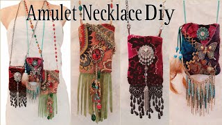 How To Make Fabric Pouch Necklaces  Amulet Boho Bag Upcycled [upl. by Layod]