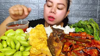 Request ikan asin telur dadar terong sambalrebusan pucuk ubi sambal terasi pete jumbo Mukbang [upl. by Aihsar]