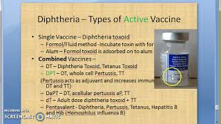 Microbiology 213 e Diptheria Vaccination DPT DaPT DwPT Vaccine Toxoid Immunization Prophylaxis [upl. by Ayamat]