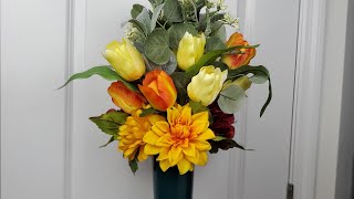 CEMETERY DIY FLOWER ARRANGEMENTS W PLASTIC VASE🌻🌼💐 IN A BUDGET EASY TUTORIAL [upl. by Anurb]