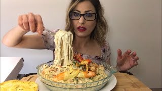 3 CHEESE SHRIMP amp LOBSTER ALFREDO PASTA MUKBANG  MESSY EATING [upl. by Aicinoid831]