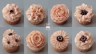 8 Design Flower CupcakesTutorial for Beginners  Wilton nozzle 104 [upl. by Anaujahs]