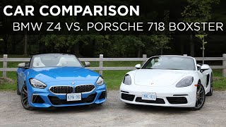 2020 BMW Z4 M40i vs 2020 Porsche 718 Boxster  Car Comparison  Drivingca [upl. by Goebel]