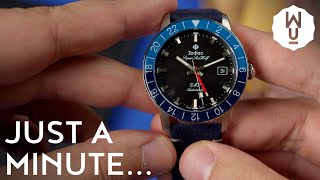 Just a Minute Zodiac Super Sea Wolf GMT quotBlueberryquot Limited Edition Overview  Windup Watch Shop [upl. by Mcnally]