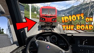 IDIOTS on the road 105  HIT by TRAIN  Funny moments  ETS2 Multiplayer [upl. by Rollin]