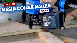 Review amp Test MOLLAR CN55 Mesin Coil Nailer Gun Alat Staples Tembak Paku Pallet Kayu [upl. by Teerprah]