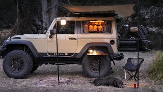 SOLO WINTER Camping  Organised Custom Jeep Cosy setup Relax in tent rain forest ASMR [upl. by Aened]