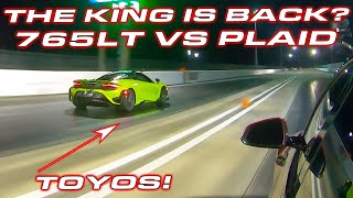 THE KING IS BACK  McLaren 765LT on Toyo R888R Tires vs Tesla Model S Plaid DRAG RACE [upl. by Kannan]