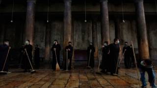 Orthodox priests clash in Bethlehem broom fight [upl. by Pickar513]