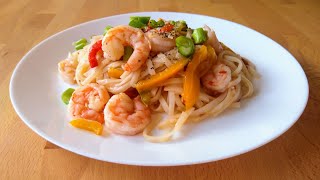 Fideos chinos de arroz con camarones receta básica súper fácil y deliciosa [upl. by Alyahsat977]