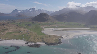 Lofoten sandy beaches Ramberg Flakstad Mannen  Flying Over Norway [upl. by Colligan]