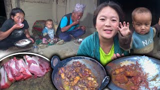 Local Pork Recipe with Rice in Nepali Rural Village kitchen आज घरमा सुङ्गुर को मासु सँग ढिडो र भात [upl. by Gilchrist394]