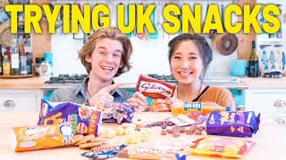 Americans Try British Candy amp Snacks  Irn Bru Galaxy Hobnobs Double Decker [upl. by Anauqal]