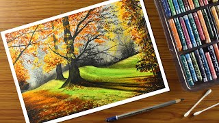 Oil pastel scenery  Step by step tree landscape oil pastel Drawing for beginners [upl. by Dana106]