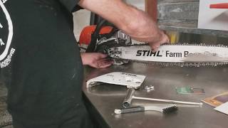 How to install a chainsaw chain on a STIHL Farm Boss [upl. by Ecirtnas]