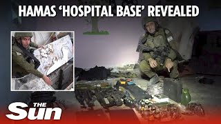 Hamas hospital base revealed as IDF video shows lair filled with guns grenades and rockets [upl. by Elleinwad725]