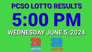 5pm Lotto Results Today June 5 2024 Wednesday ez2 swertres 2d 3d pcso [upl. by Nnylirehs]