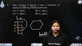 Ring structure of glucose is due to formation of hemiacetal and ring formation between [upl. by Melinde664]