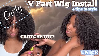 VIRAL CROTCHET METHOD USING CURLY V PART WIG  easy styling tips for a “realistic look” ft UNICE 🌸 [upl. by Borgeson]