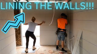 Off grid cabin build lining the internal walls with the family [upl. by Stanfield]