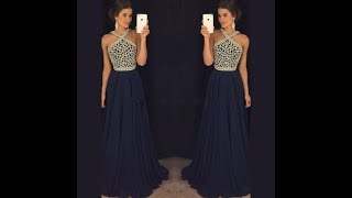 ALine Halter Long Prom Dress in Dark Navy  Hebeos [upl. by Lachish871]