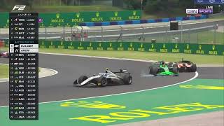 Paul Aron onboard contact with Zane Maloney F2 Hungarian GP 2024 feature race [upl. by Aimehs]