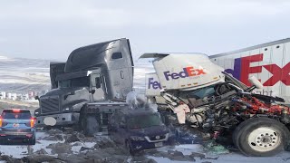 Terrible Black ice on i80 in Wyoming Many Trucks Crashed [upl. by Ivett]