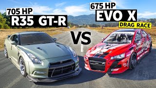 New School AWD Battle Dustin Williams 700hp GTR vs 675hp Evo X [upl. by Avigdor]