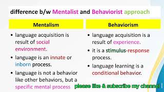 Mentalist and Behaviorist ApproachMentalism by Noam Chomsky Behaviorism by BF SkinnerLinguistics [upl. by Monsour]