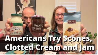 Americans Try Cream Tea  Scones Clotted Cream amp Jam [upl. by Yelnahs289]